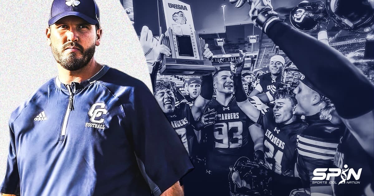 Corner Canyon head football coach Casey Sutera in a CC Football pullover, beside Chargers players lifting the UHSAA state championship trophy.