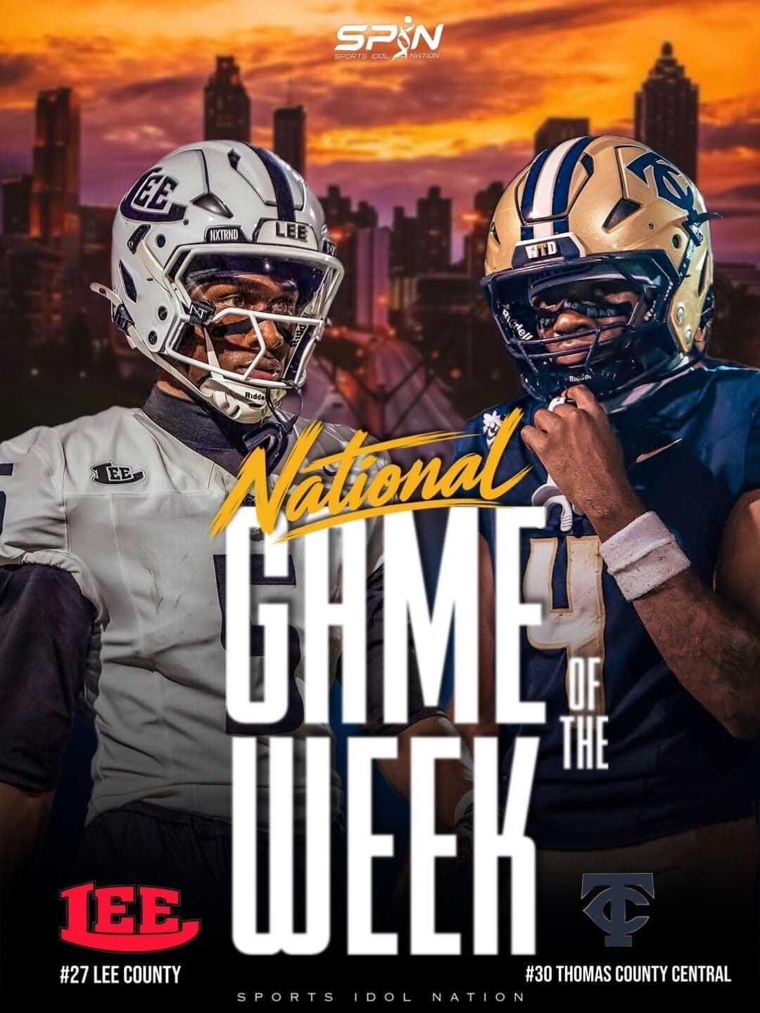 SPIN Media National Game of the Week card: No. 27 Lee County and No. 30 Thomas County Central, Georgia high school football, September 25 2026.