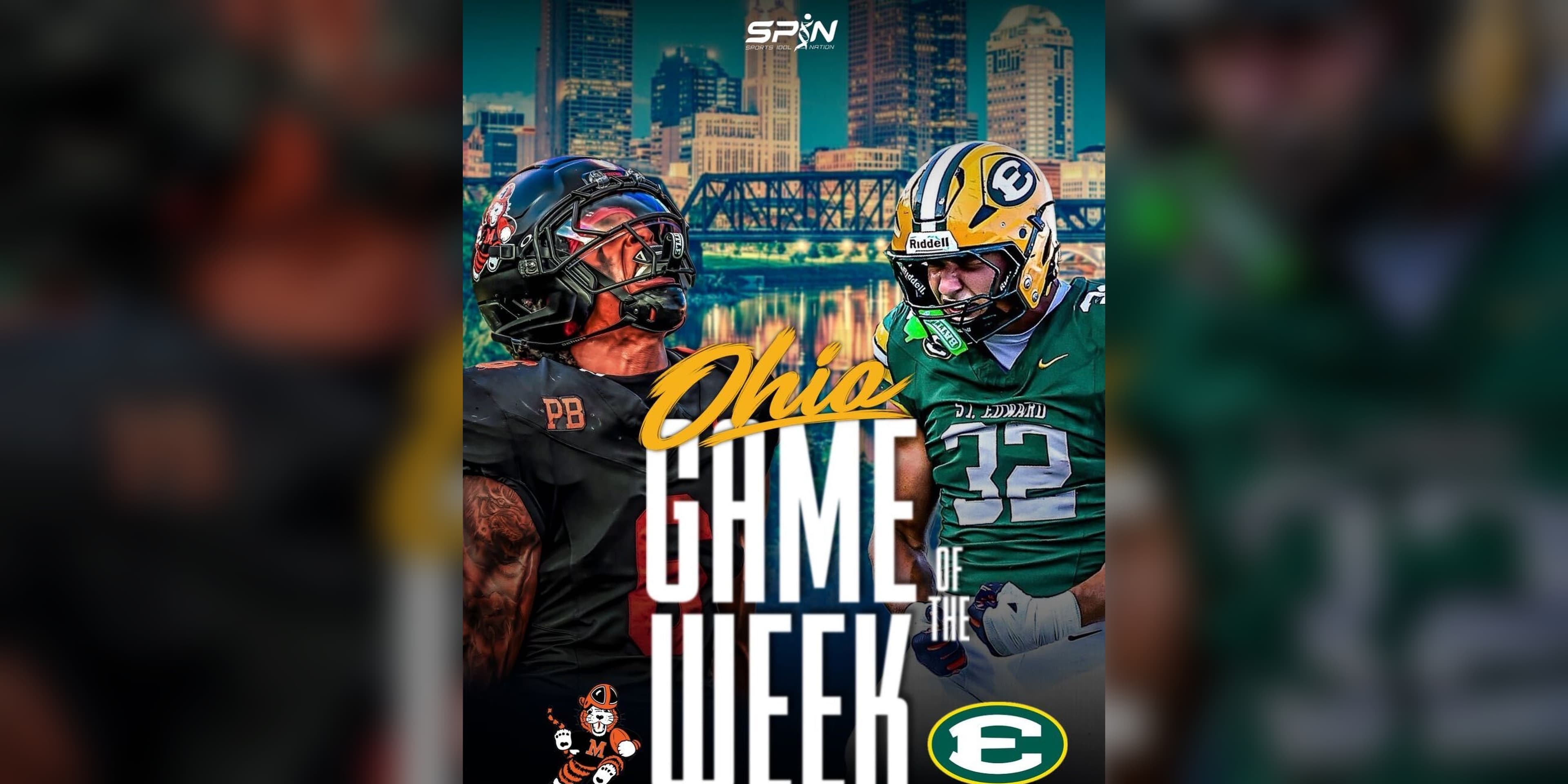 SPIN Media Ohio Game of the Week graphic for Washington of Massillon at St. Edward of Lakewood, Ohio high school football, Friday September 18 2026, with Washington at No. 31 and St. Edward at No. 40 on the SPIN Power 100.