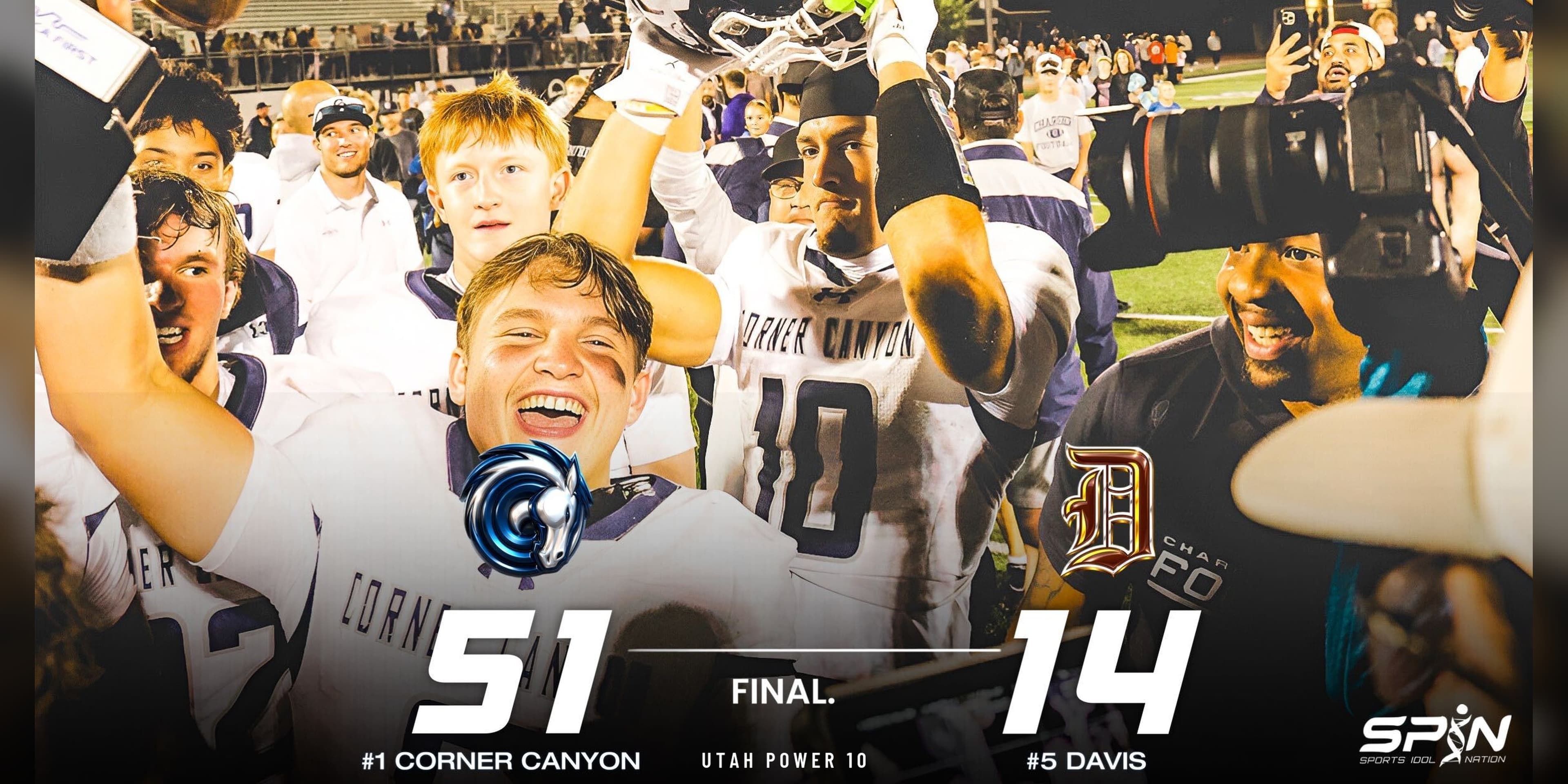 Corner Canyon players celebrate on the field in Kaysville after beating Davis 51-14 on Aug. 14, 2026, with a SPIN final-score overlay reading Corner Canyon 51, Davis 14, labeled Utah Power 10.