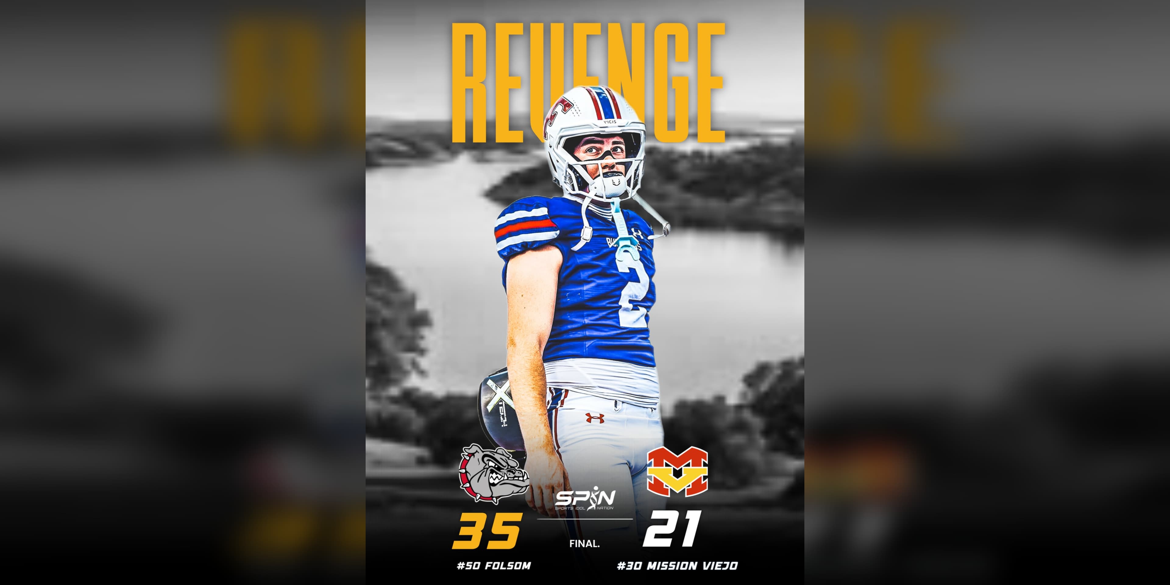 SPIN Media results card reading Revenge, final score Folsom 35, Mission Viejo 21, with both school marks and each team's national ranking.