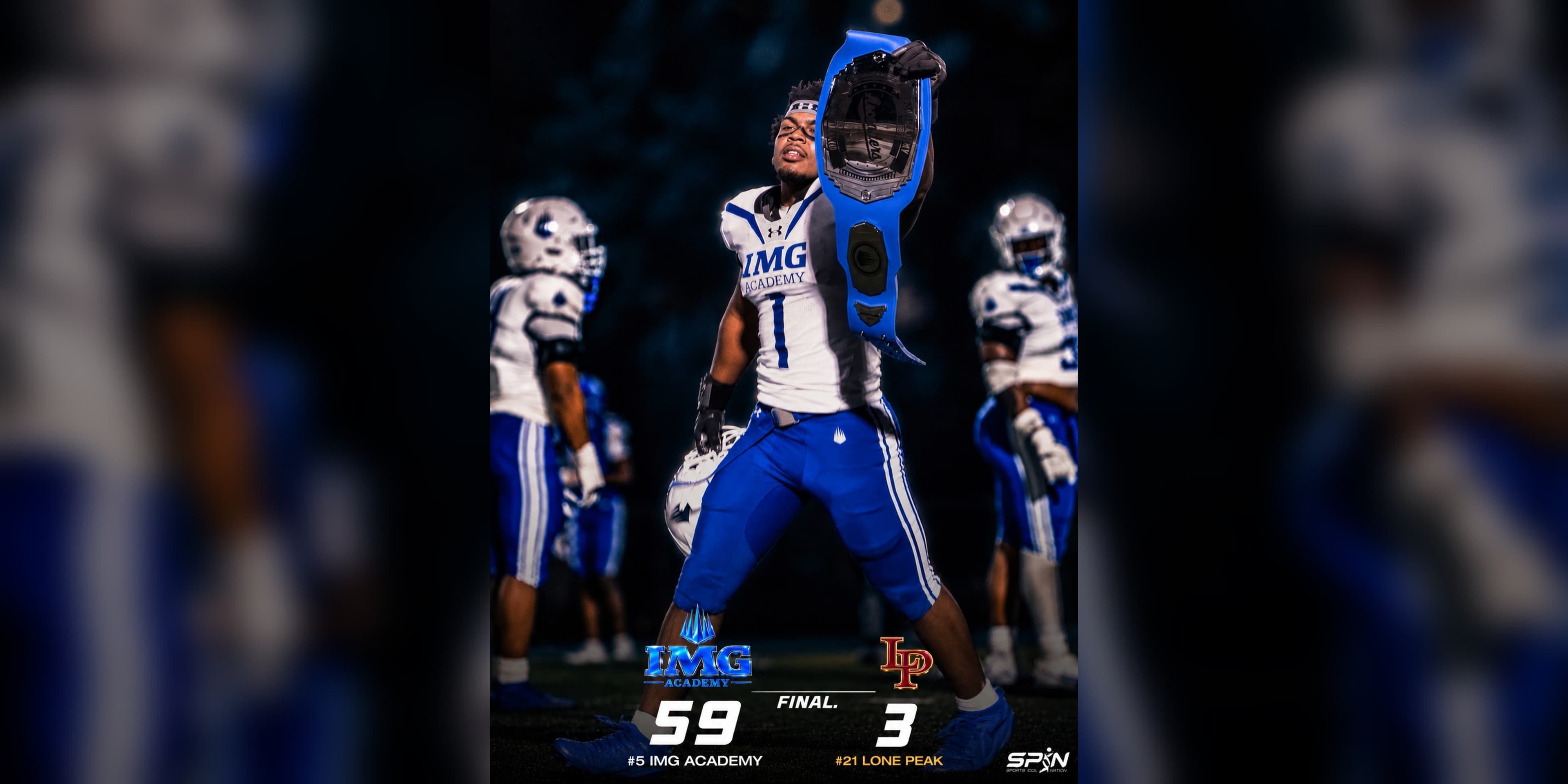 An IMG Academy football player in a white and blue uniform holds up a blue championship belt on the field after IMG Academy beat Lone Peak 59-3 in Highland, Utah, on August 21, 2026. Teammates stand in the background under stadium lights. The score graphic reads No. 5 IMG Academy 59, No. 21 Lone Peak 3, over both school logos and the SPIN Sports Idol Nation mark.