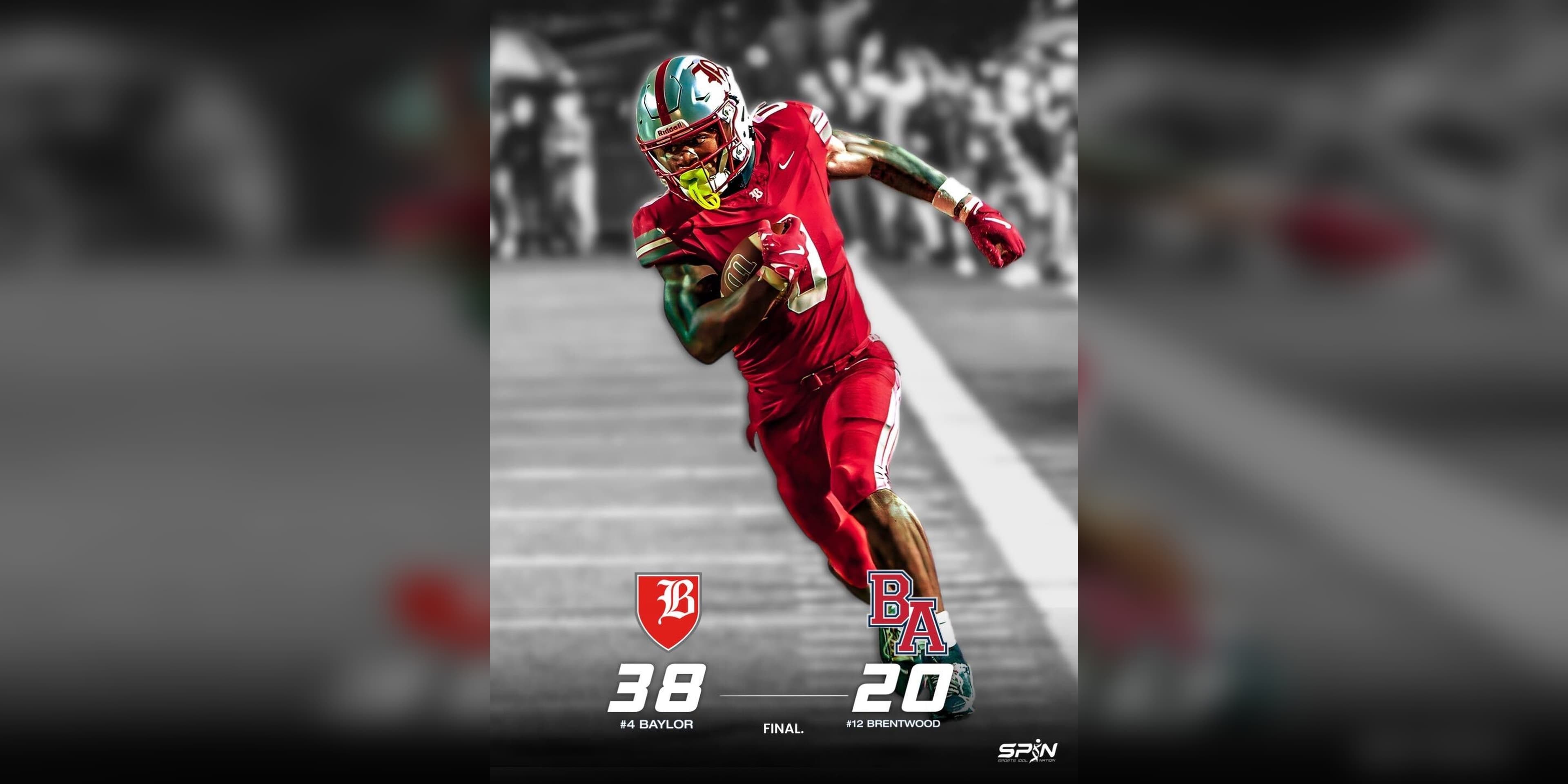 SPIN Sports Idol Nation final score card. Baylor School running back David Gabriel Georges, in a red uniform and a red and green helmet, runs upfield with the football against Brentwood Academy. The card reads Baylor 38, Brentwood 20, final, with Baylor ranked fourth and Brentwood Academy ranked twelfth.