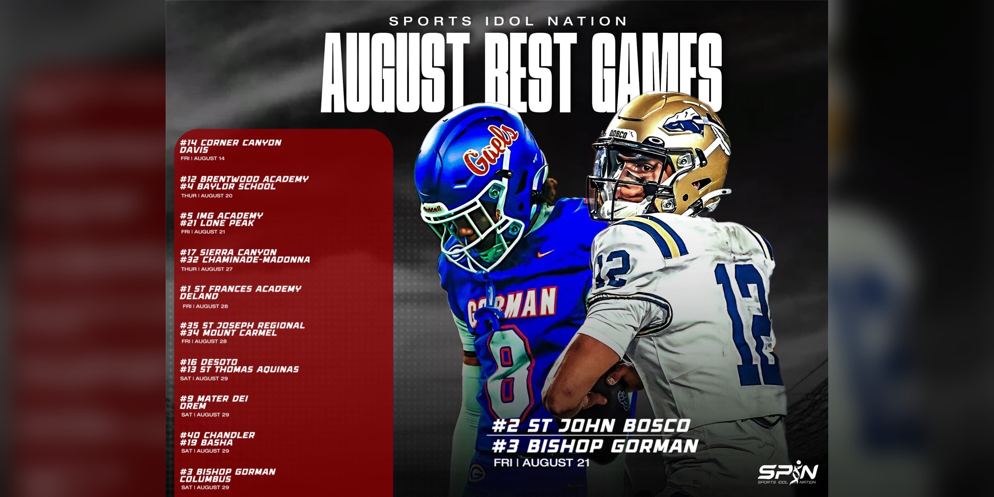 Sports Idol Nation graphic ranking the best August 2026 high school football games, led by No. 2 St. John Bosco at No. 3 Bishop Gorman on Aug. 21
