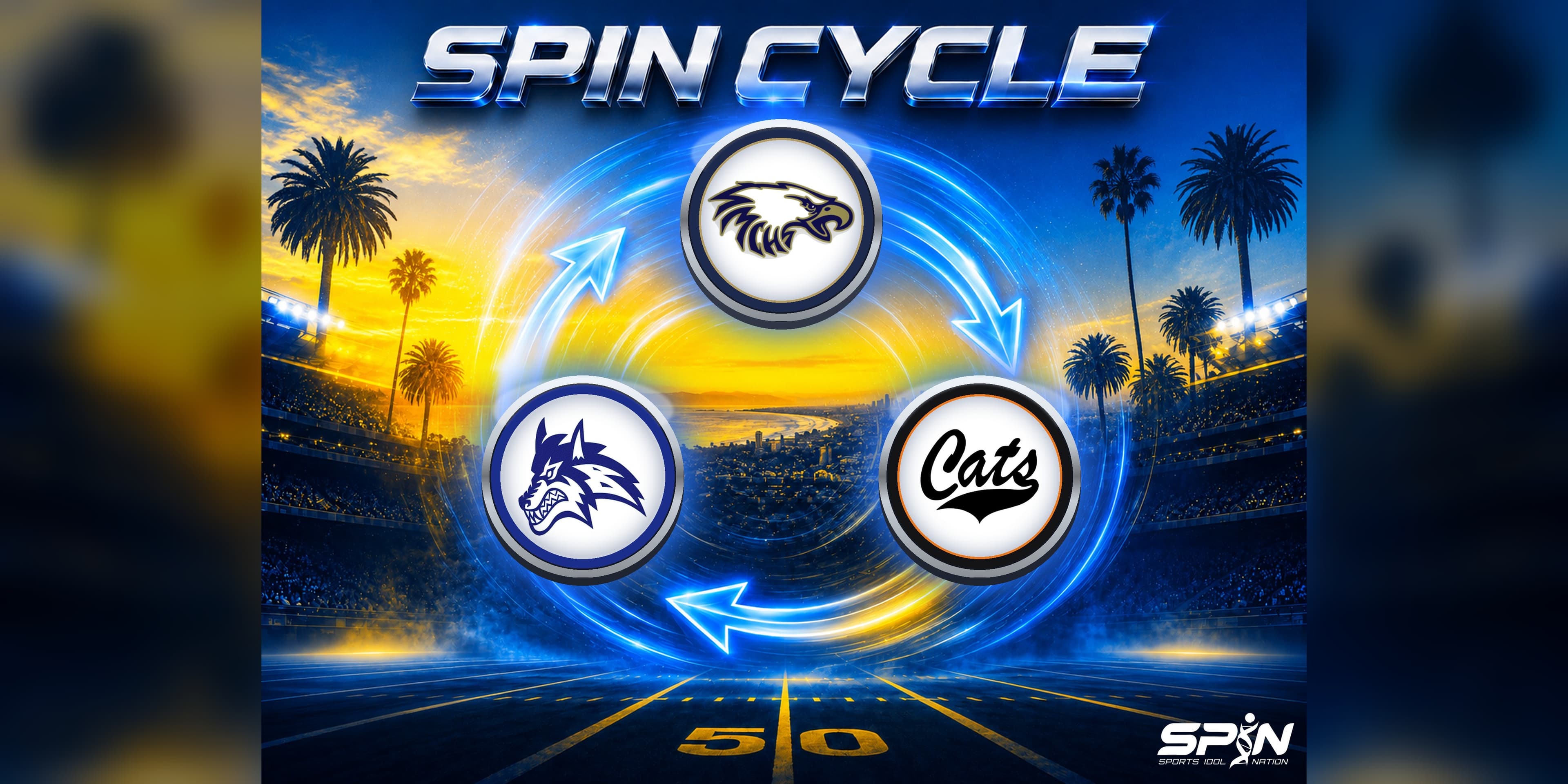 SPIN Cycle Out West graphic for Week 8 of the 2026 high school football season with the Santa Margarita, Basic and Los Gatos logos.
