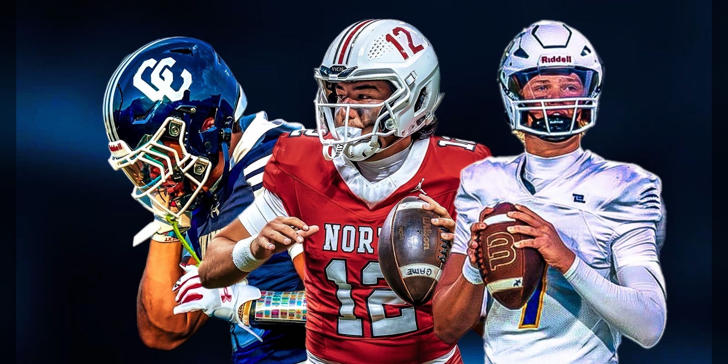 Three high school football players composited on a dark blue background: a Corner Canyon player holding his navy helmet, North Gwinnett quarterback No. 12 in red, and a quarterback in white readying a throw.