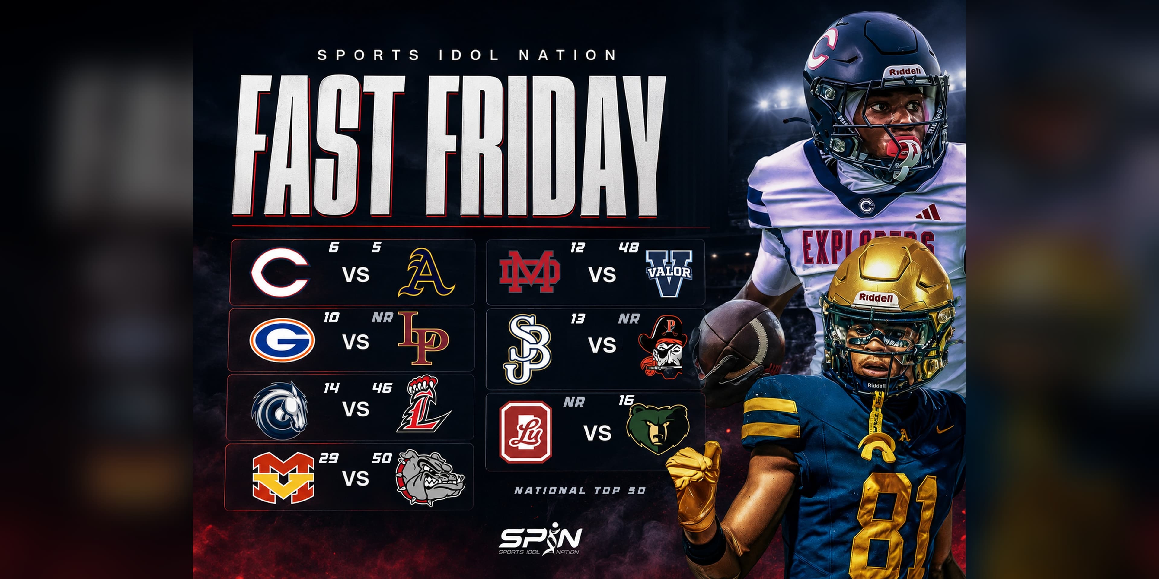 SPIN Media Fast Friday graphic listing seven Week 5 matchups, each team shown with its school mark and national ranking.