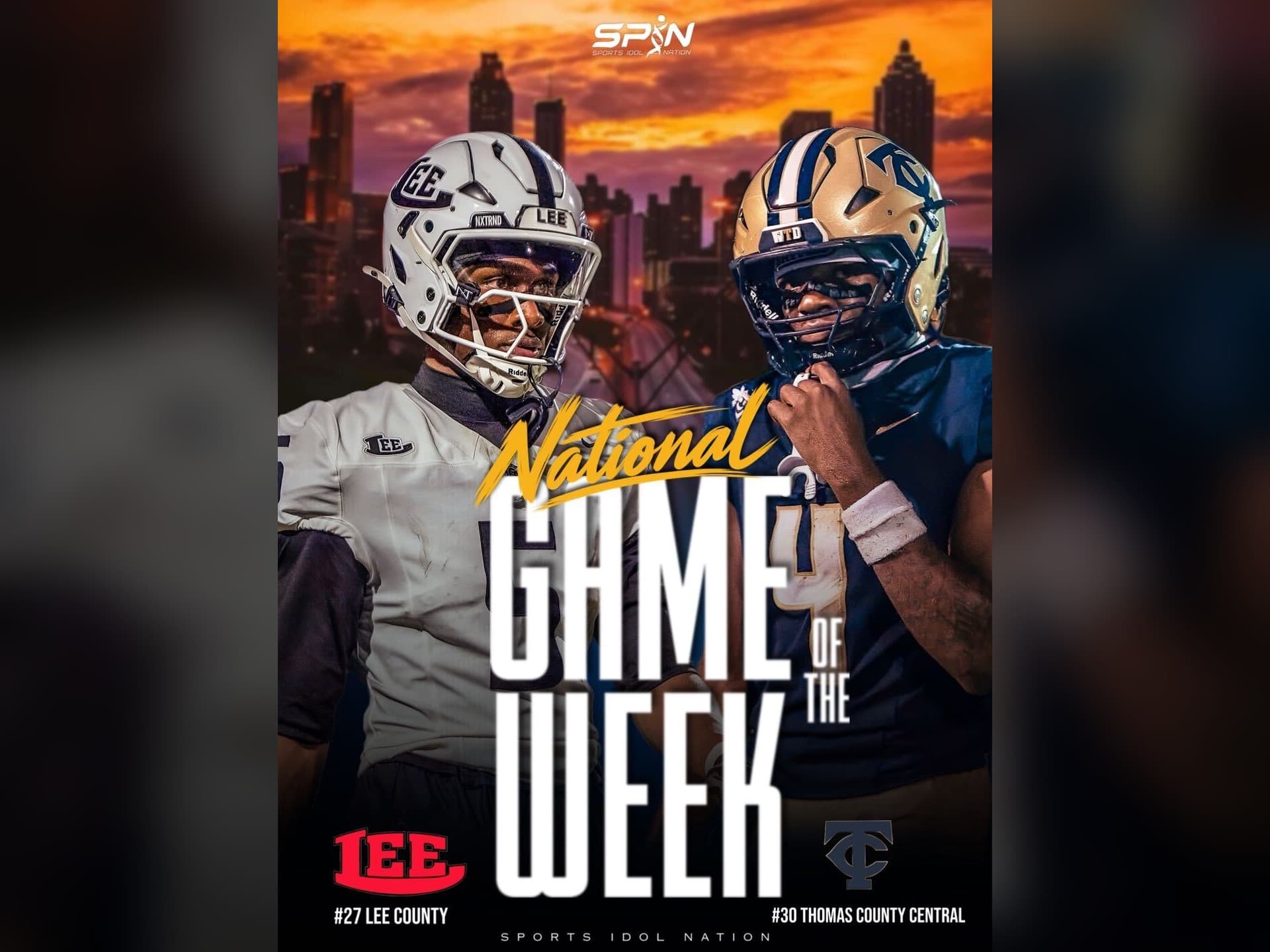 SPIN Media National Game of the Week graphic for No. 30 Thomas County Central at No. 27 Lee County, high school football, Friday September 25 2026, Leesburg, Georgia.