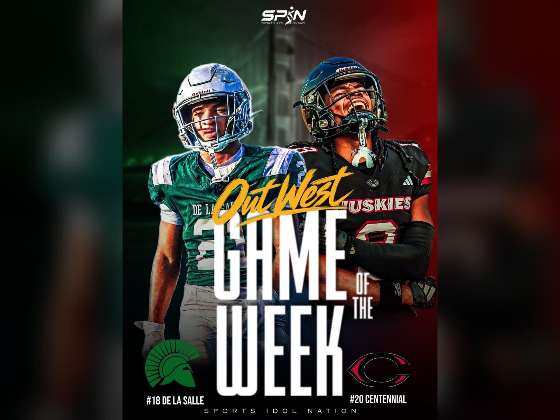 SPIN Media Out West Game of the Week graphic for No. 20 Centennial of Corona vs No. 18 De La Salle, high school football, Saturday September 26 2026, California Memorial Stadium, Berkeley.