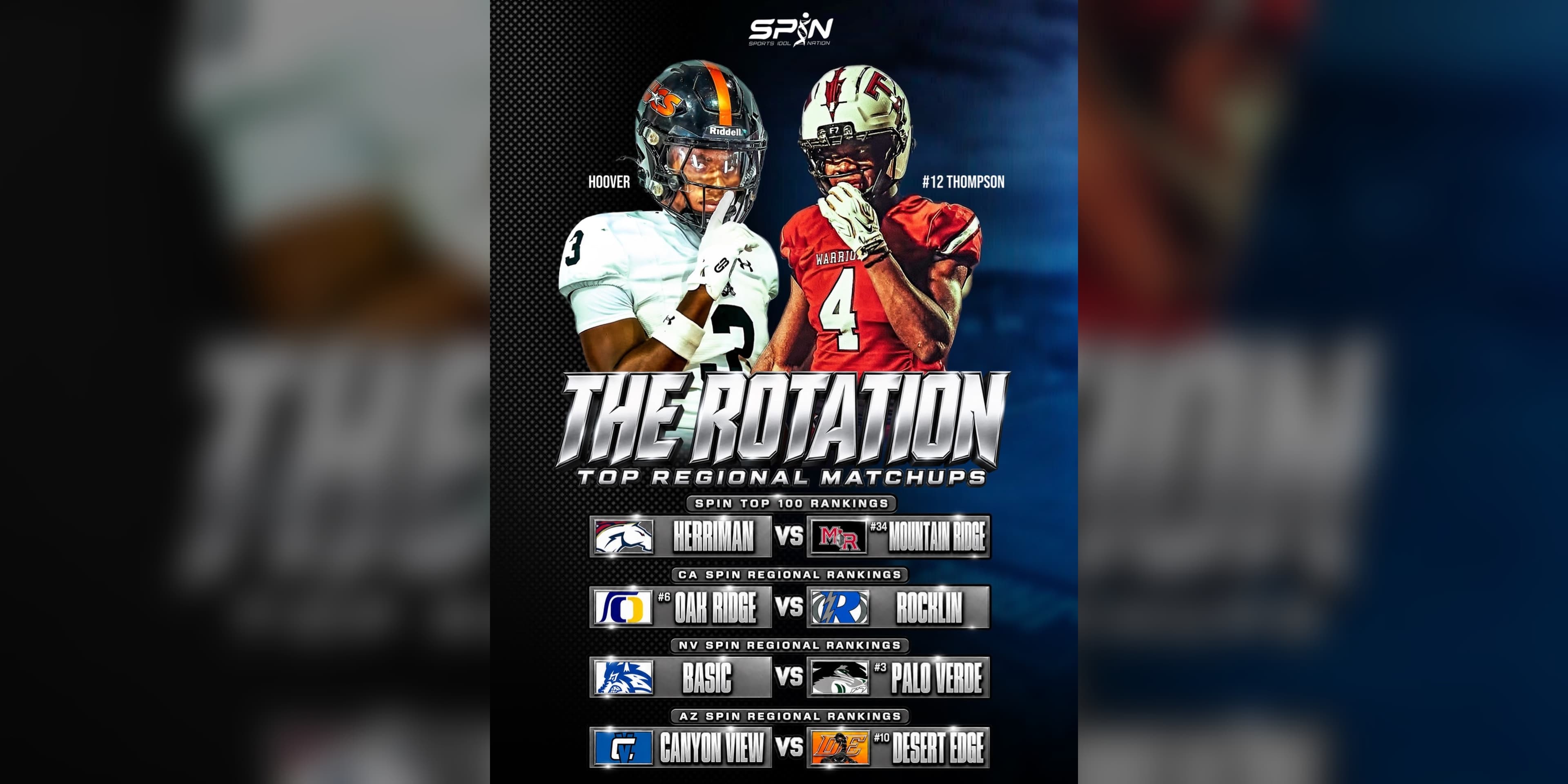 SPIN Media The Rotation, Week 8 top regional matchups graphic featuring Hoover and No. 12 Thompson, with Herriman vs No. 34 Mountain Ridge, No. 6 Oak Ridge vs Rocklin, Basic vs No. 3 Palo Verde and Canyon View vs No. 10 Desert Edge.