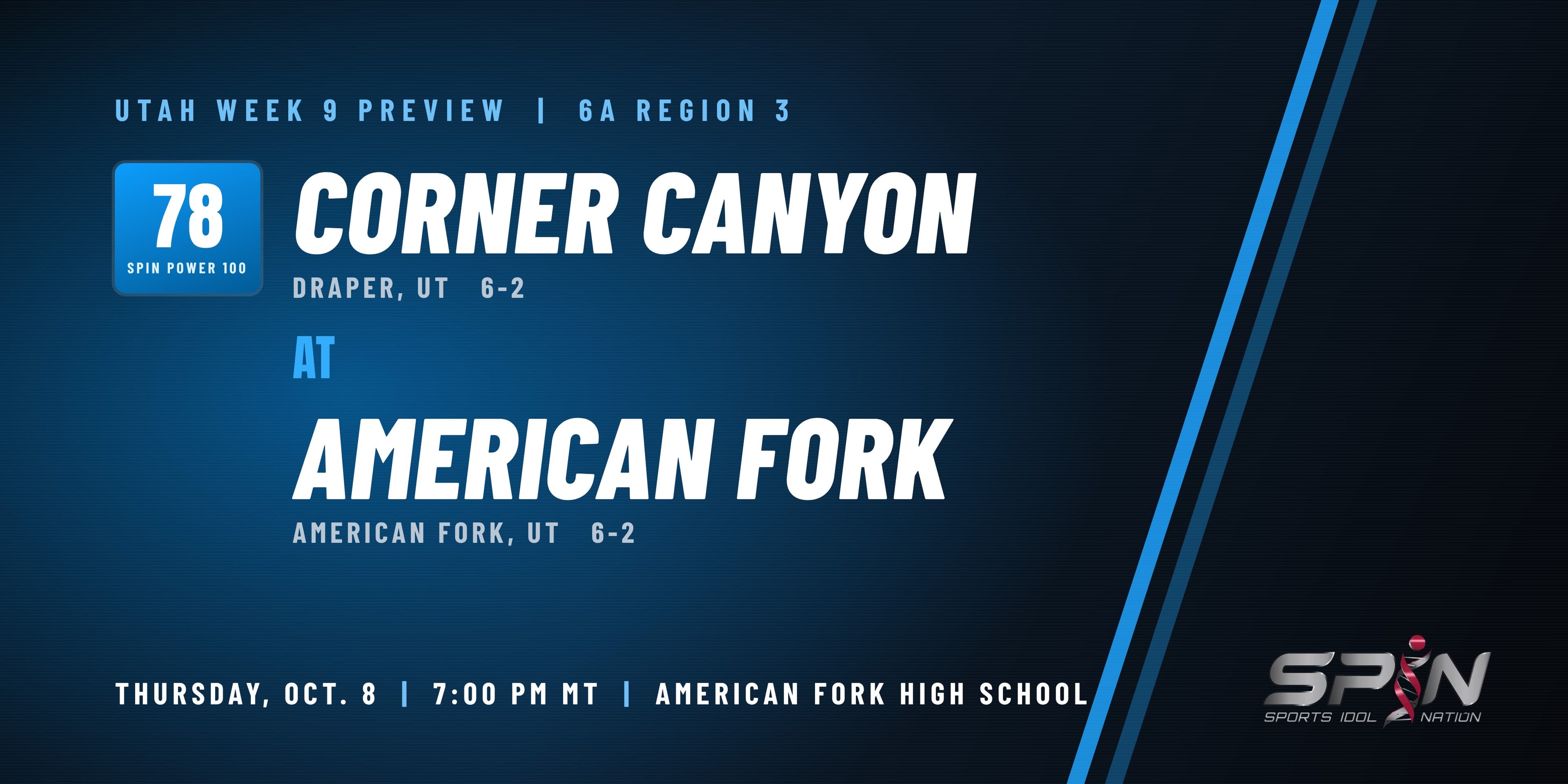 SPIN Utah Week 9 high school football preview: No. 78 Corner Canyon at American Fork, Thursday, Oct. 8, 7:00 PM MT, at American Fork High School.