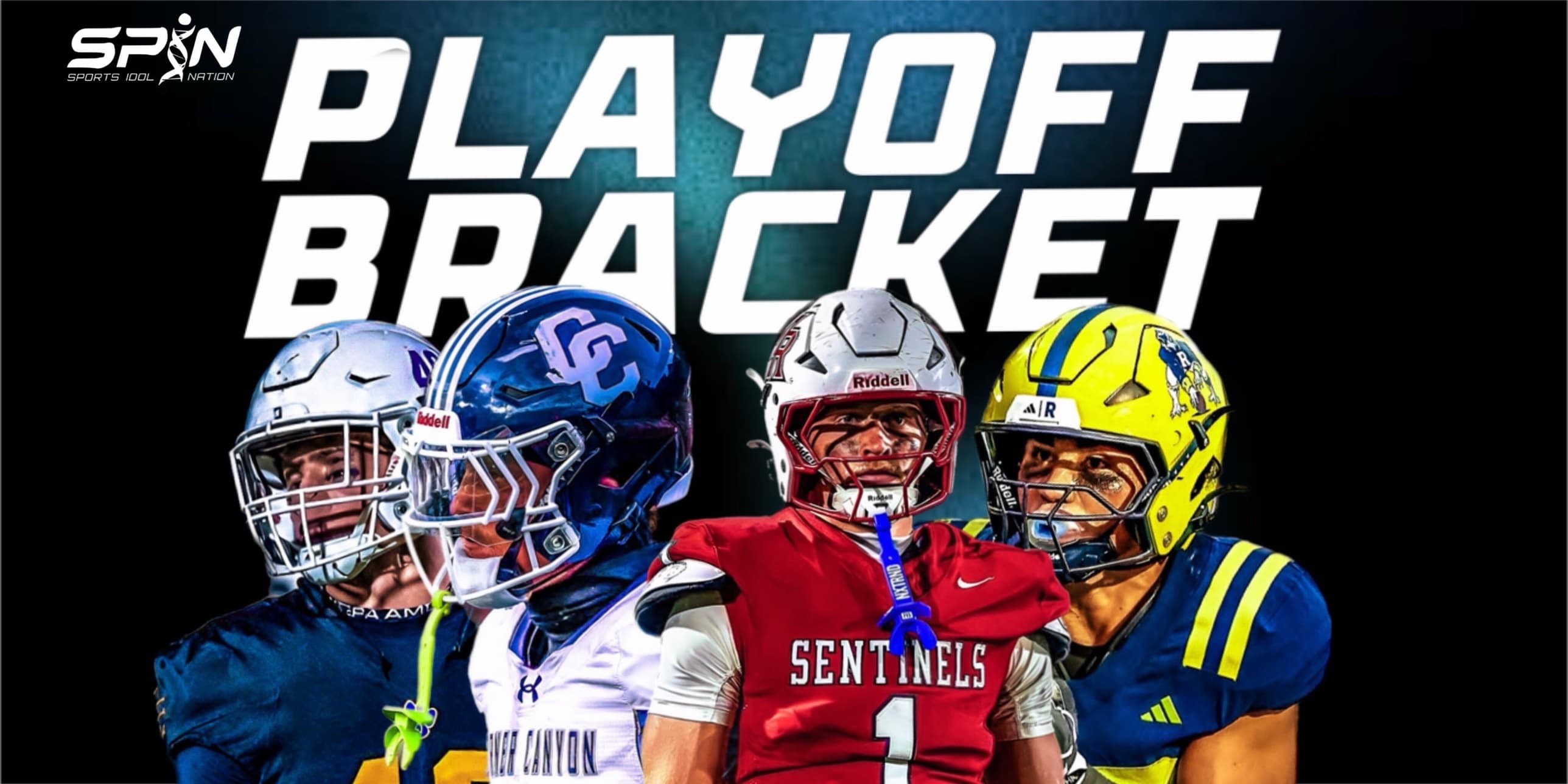 SPIN Utah playoff bracket cover with four Utah high school football players, including Corner Canyon and Mountain Ridge, under the words Playoff Bracket, for the 2026 UHSAA 6A, 5A and 4A state tournaments.
