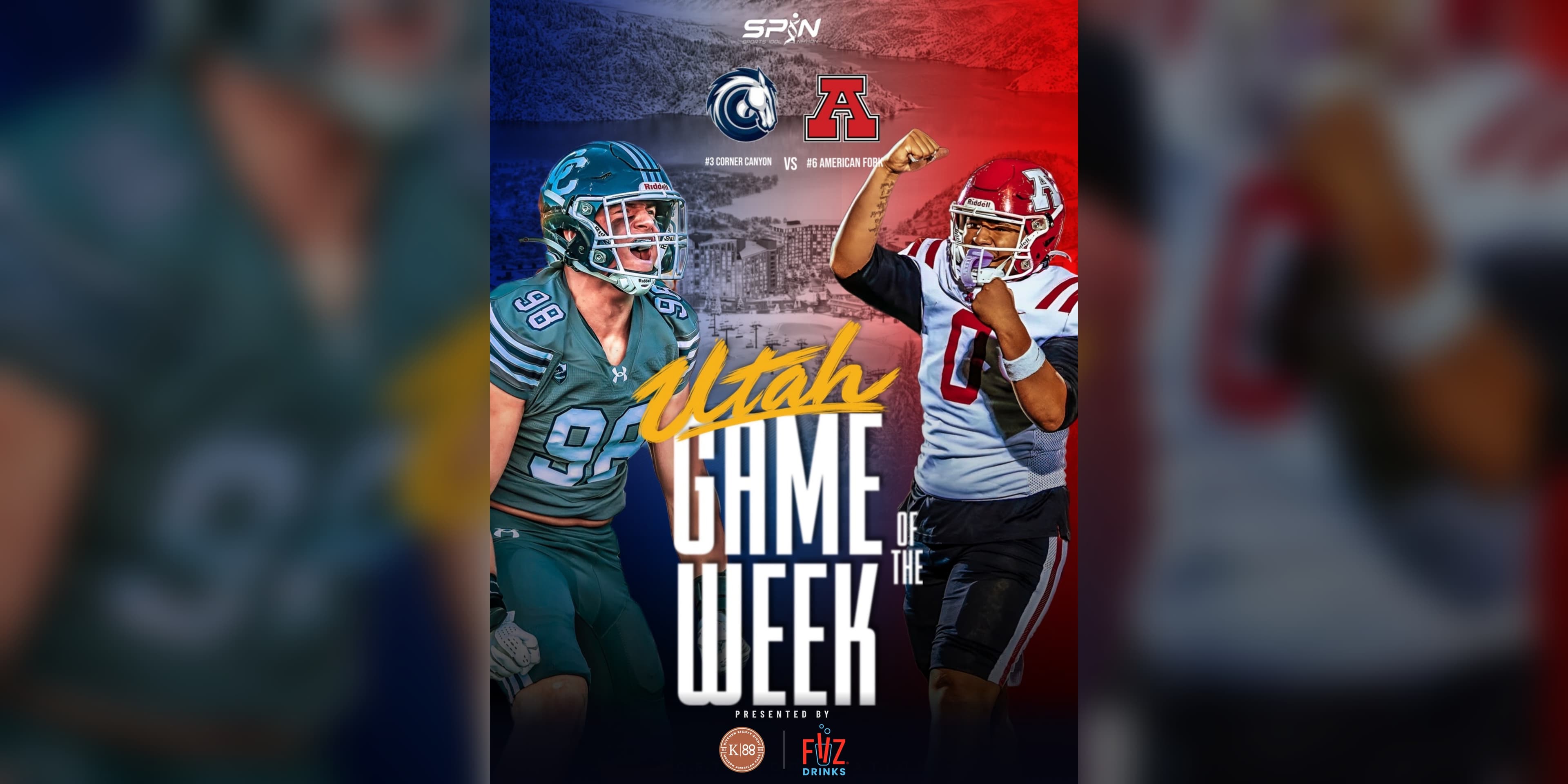 Utah Game of the Week graphic: Corner Canyon vs American Fork, Thursday, October 8, 2026, presented by Kitchen Eighty-Eight and FiiZ Drinks.