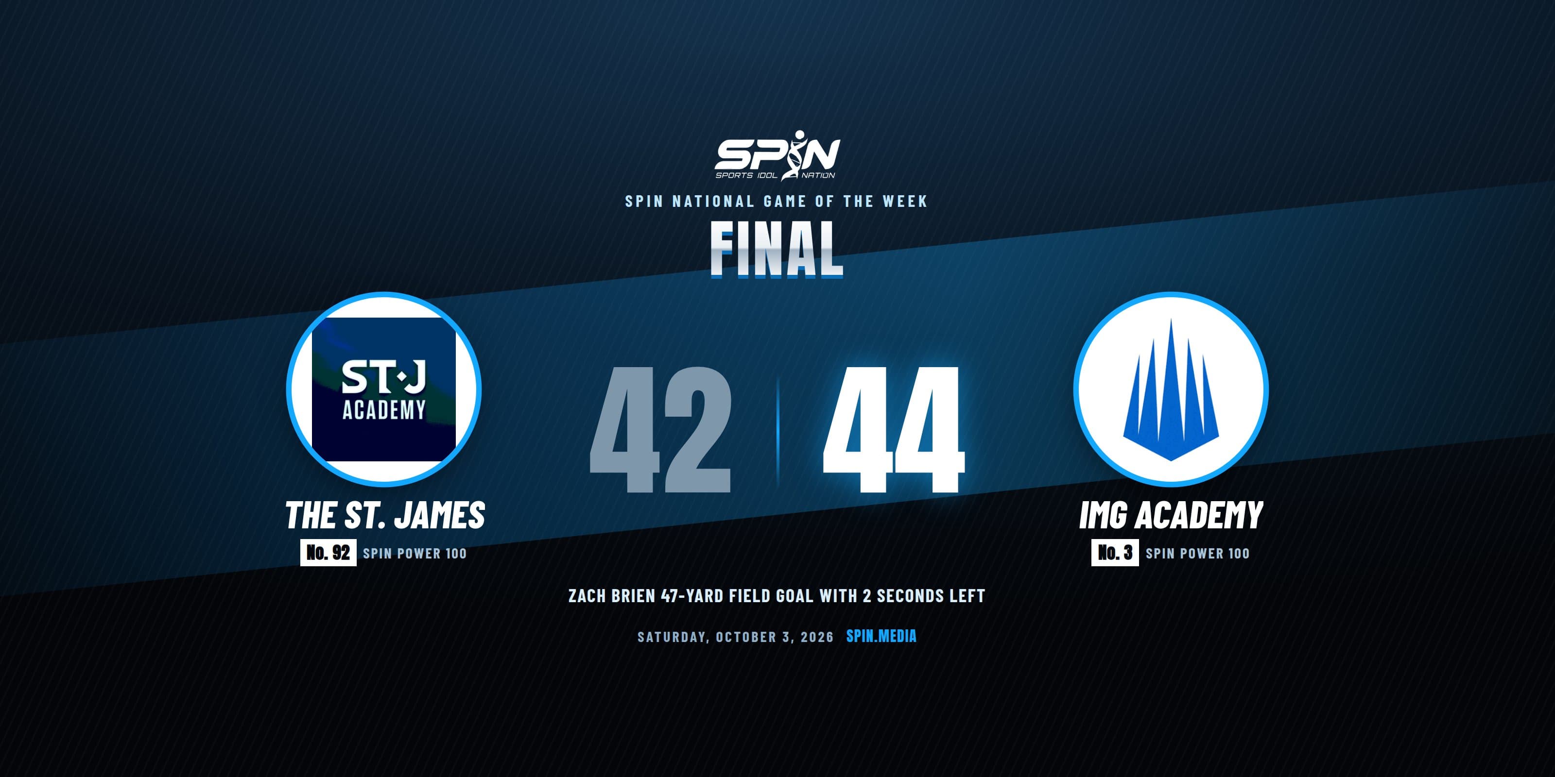 Final score card with school logos: No. 92 The St. James 42, No. 3 IMG Academy 44, October 3, 2026, SPIN National Game of the Week.