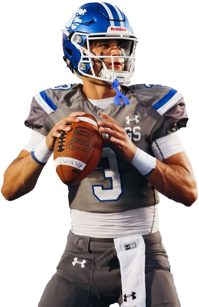 Ryder Lyons in the Folsom Bulldogs uniform, ball in hand, preparing to throw